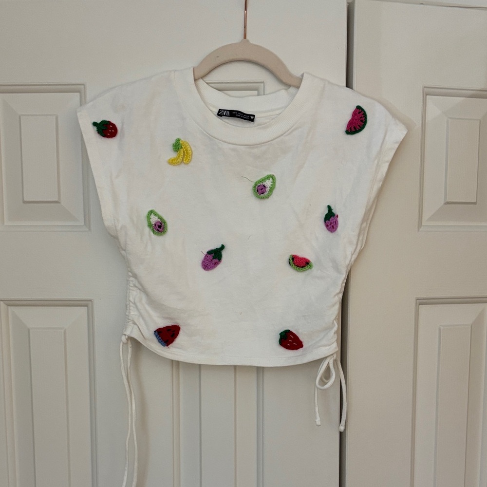 Zara White Top with Colorful Fruit Embroidery